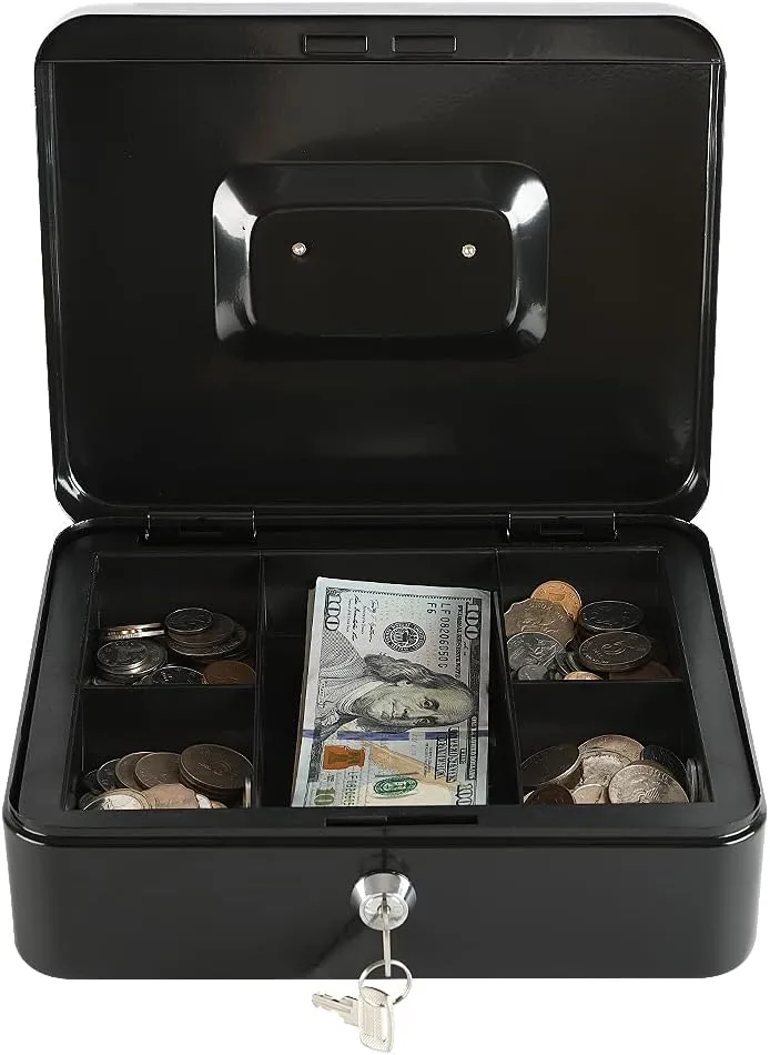 30X24X9Cm Locking Cash Box With Removable Coin Tray And Key Lock Xf0729 Black