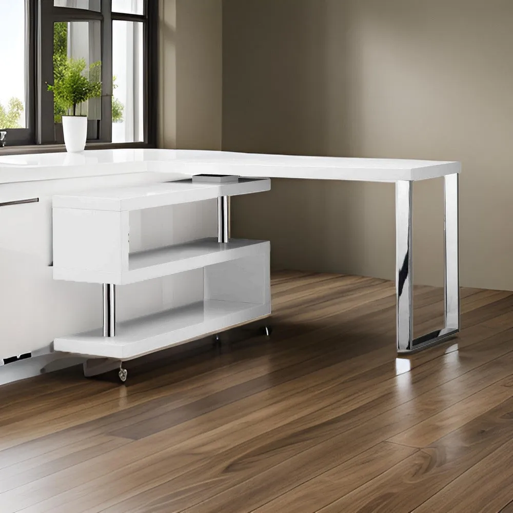 47 Inch Multi Position Desk, Adjustable L Shape, Lacquer White By Casagear Home