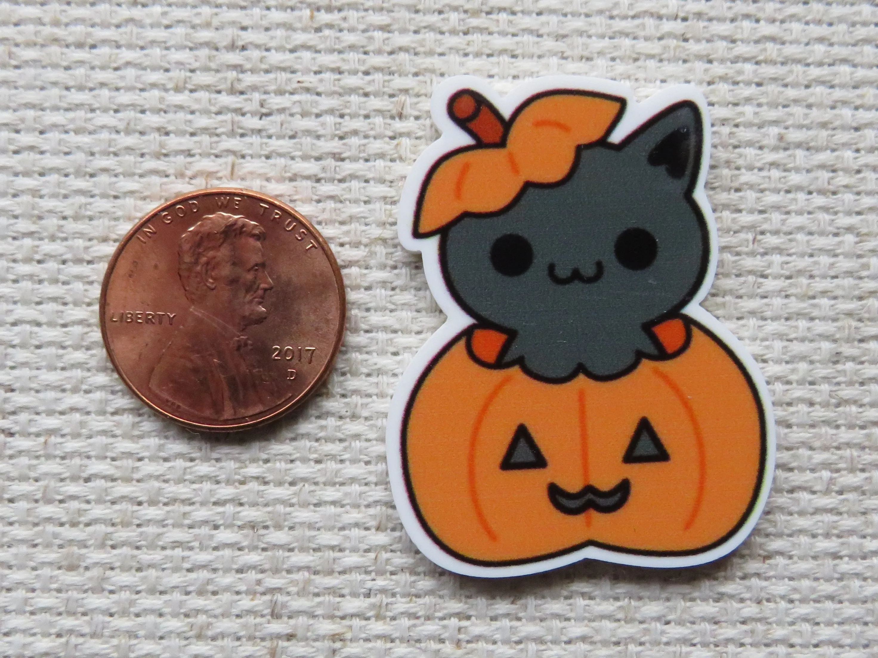 Adorable Black Kitty in a Pumpkin Needle Minder, Cover Minder, Magnet