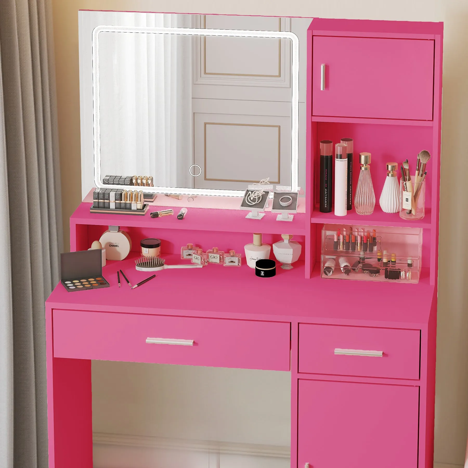 Alyssa Vanity Desk with Mirror and LED Light Strip - Rose Pink