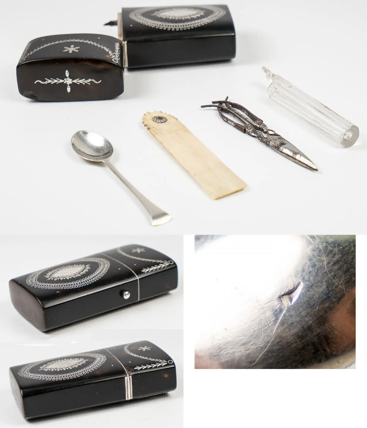 Antique c.1800 French Necessaire, Vanity Etui w Scent Perfume Bottle, Medicine Spoon, Folding Scissors, Etc