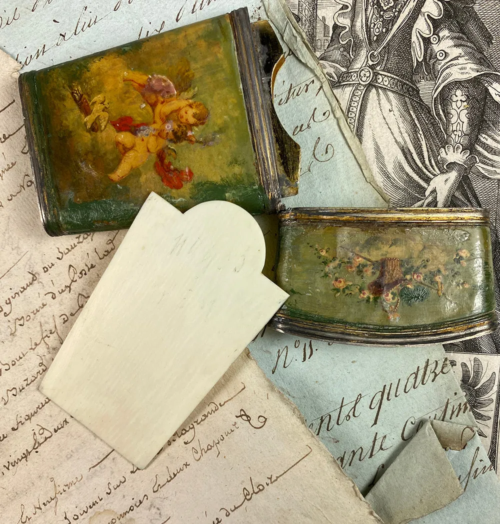 Antique French Sterling Silver & Vernis Martin Painting Necessaire & Note Card