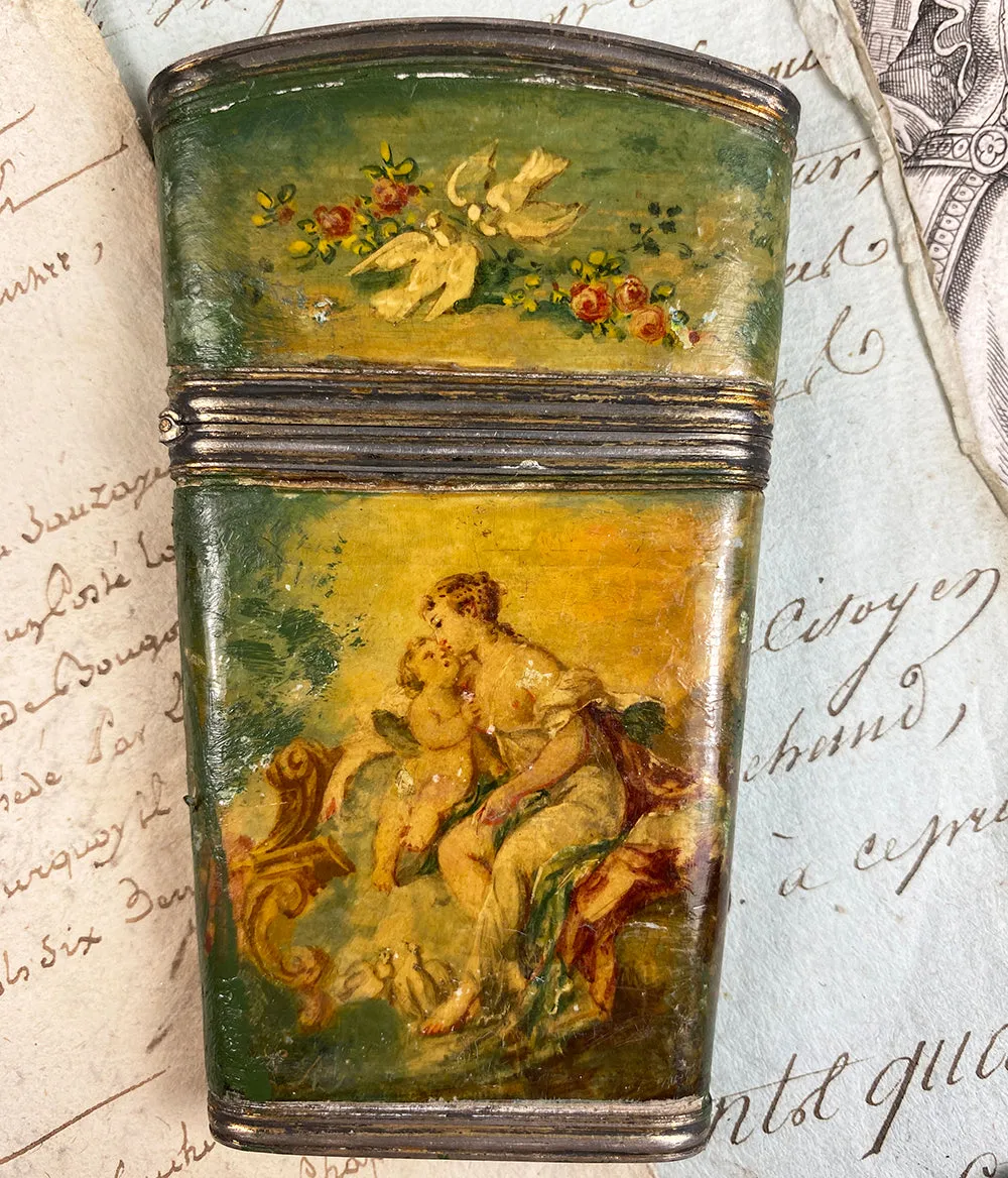 Antique French Sterling Silver & Vernis Martin Painting Necessaire & Note Card