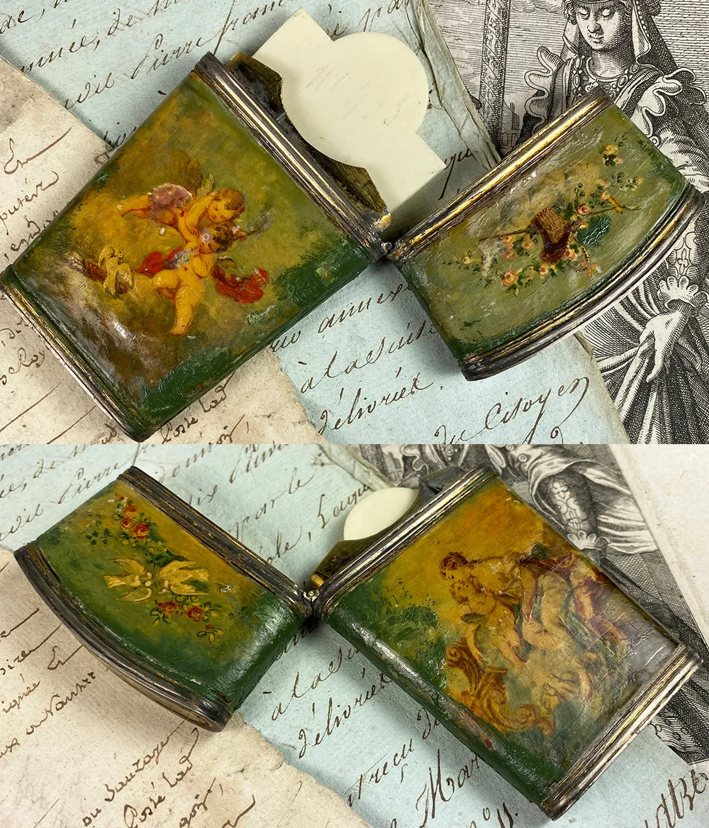 Antique French Sterling Silver & Vernis Martin Painting Necessaire & Note Card