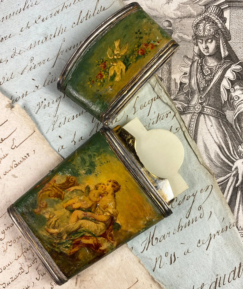 Antique French Sterling Silver & Vernis Martin Painting Necessaire & Note Card