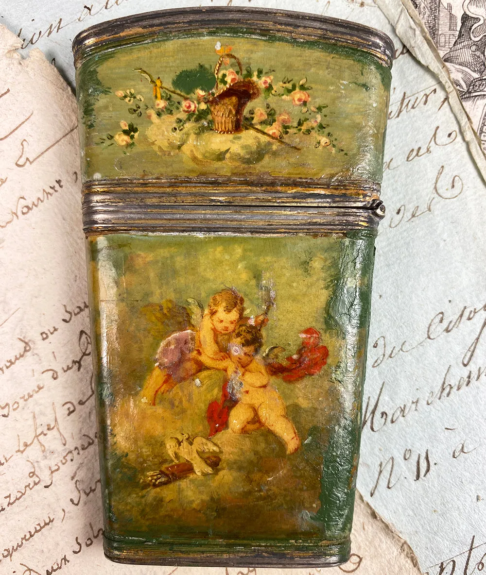 Antique French Sterling Silver & Vernis Martin Painting Necessaire & Note Card