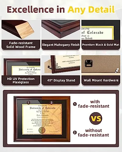 ASmileIndeep 8.5x11 Diploma Frame with Mat or Display 11x14 Certificate, Document, Picture Frame without Mat, Mahogany Solid Wood & HD Plexiglass Degree Frame (2 Pack)