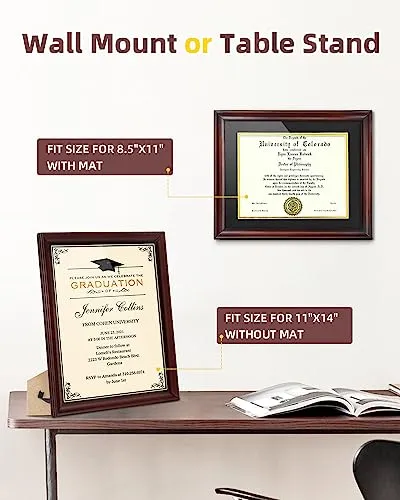 ASmileIndeep 8.5x11 Diploma Frame with Mat or Display 11x14 Certificate, Document, Picture Frame without Mat, Mahogany Solid Wood & HD Plexiglass Degree Frame (2 Pack)