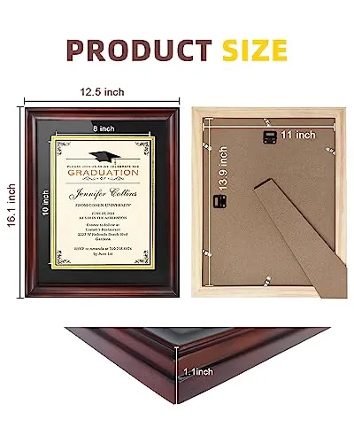 ASmileIndeep 8.5x11 Diploma Frame with Mat or Display 11x14 Certificate, Document, Picture Frame without Mat, Mahogany Solid Wood & HD Plexiglass Degree Frame (2 Pack)