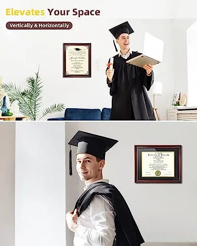 ASmileIndeep 8.5x11 Diploma Frame with Mat or Display 11x14 Certificate, Document, Picture Frame without Mat, Mahogany Solid Wood & HD Plexiglass Degree Frame (2 Pack)
