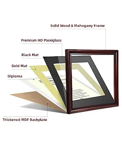 ASmileIndeep 8.5x11 Diploma Frame with Mat or Display 11x14 Certificate, Document, Picture Frame without Mat, Mahogany Solid Wood & HD Plexiglass Degree Frame (2 Pack)