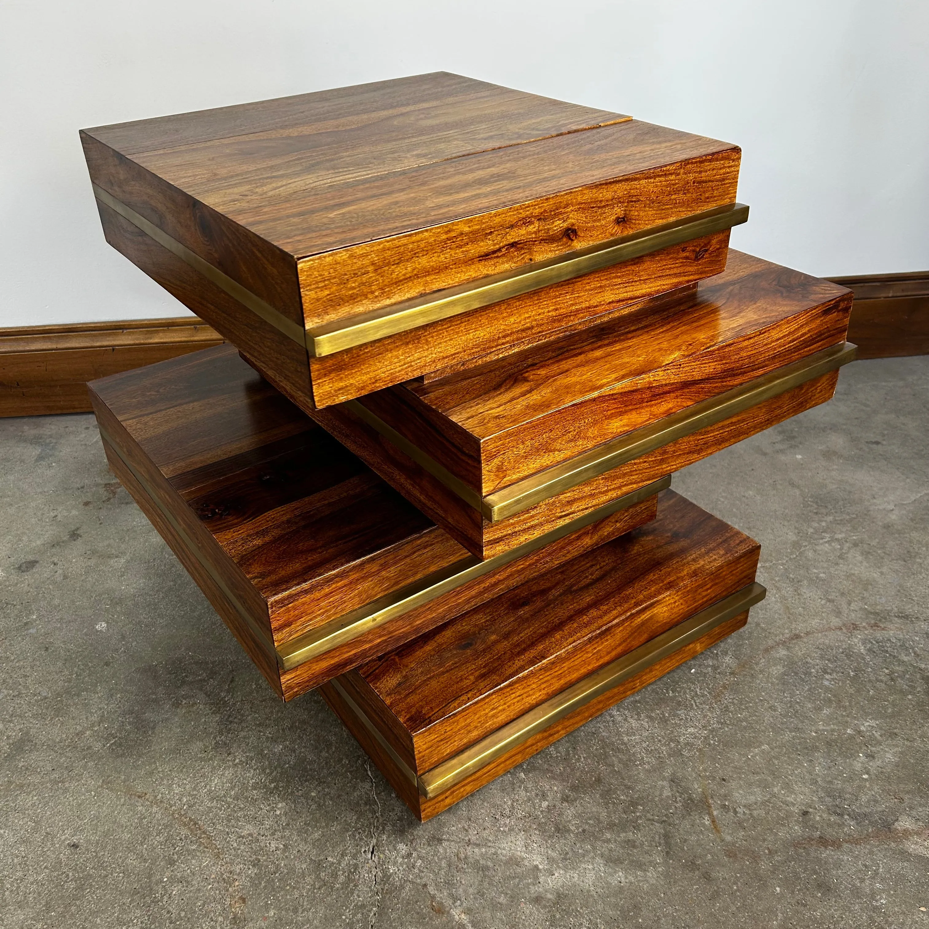 Brownstone Stacked Side Table with Drawer, Brushed Brass Detail