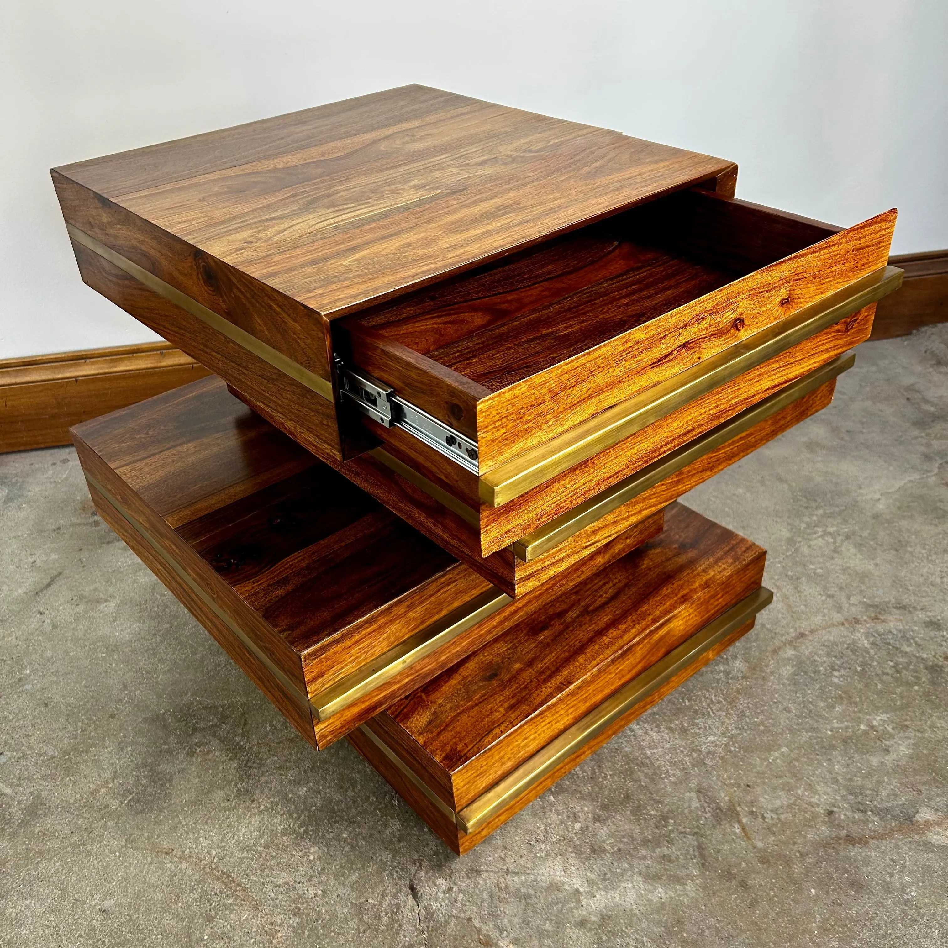 Brownstone Stacked Side Table with Drawer, Brushed Brass Detail