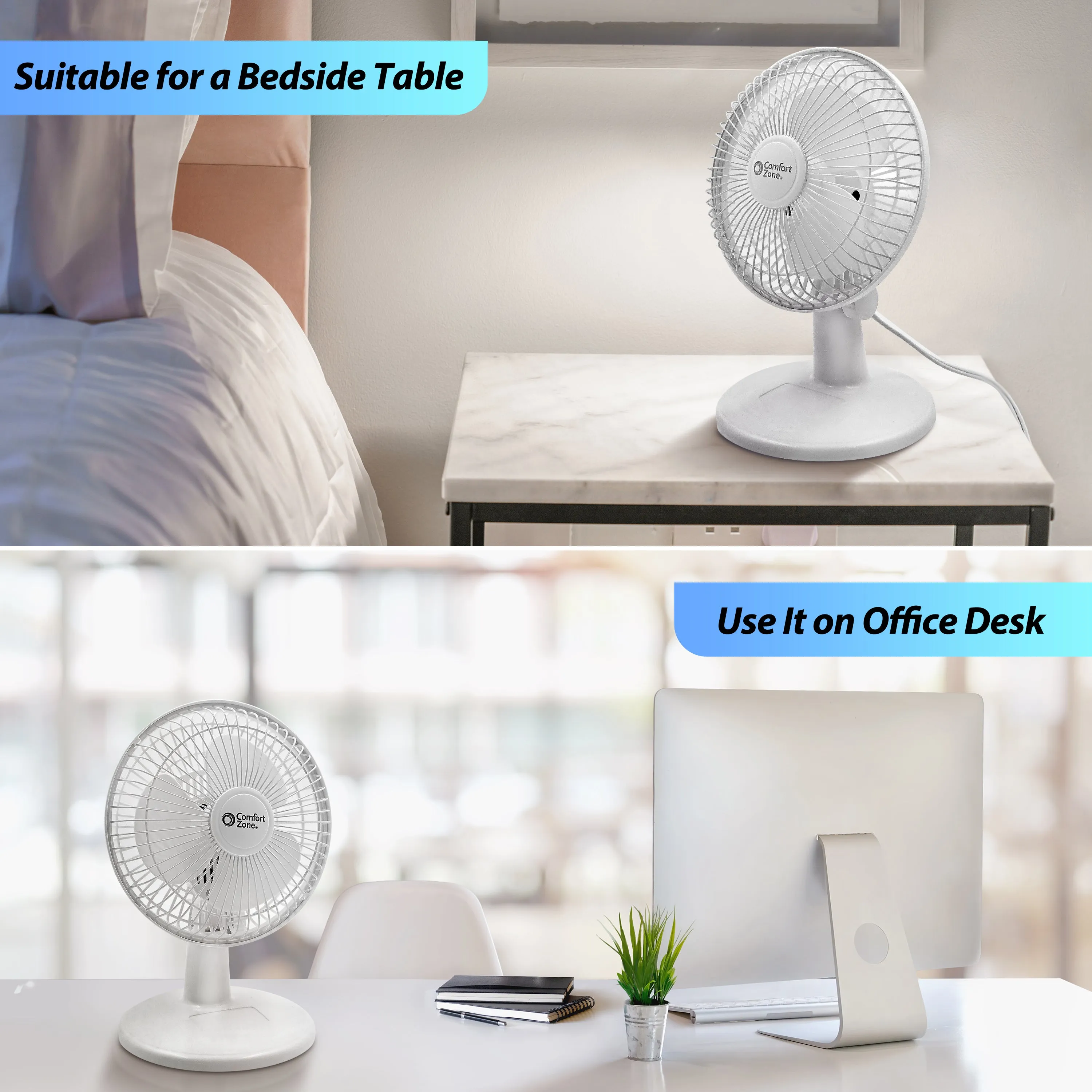 Comfort Zone 6" 2-Speed Desk Fan with Stable Base and Adjustable Tilt in White