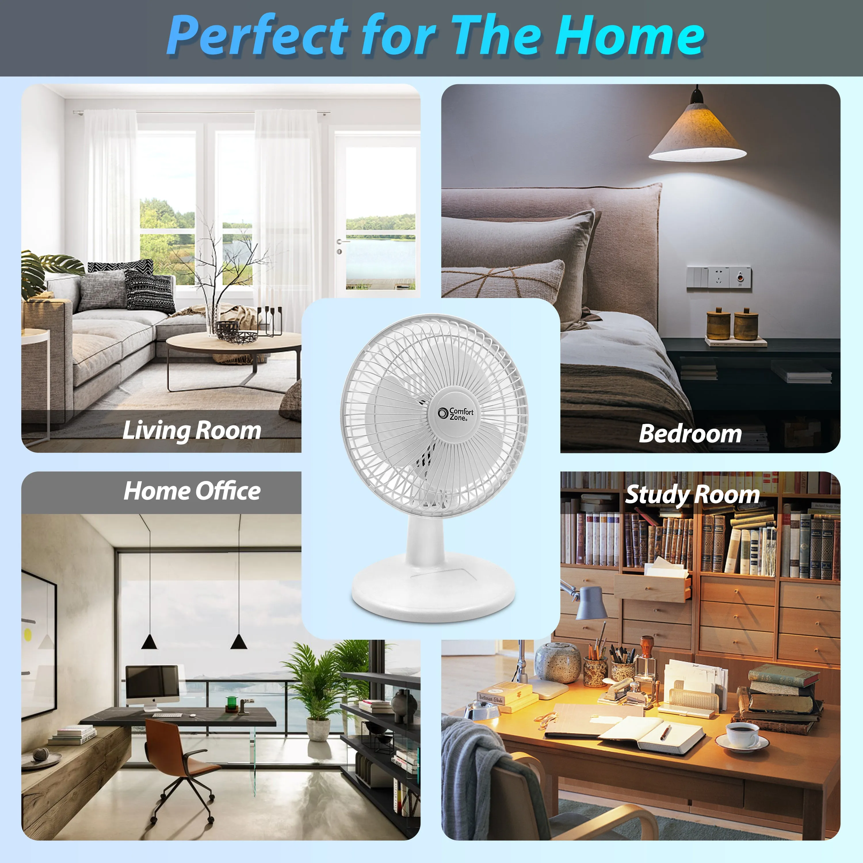 Comfort Zone 6" 2-Speed Desk Fan with Stable Base and Adjustable Tilt in White