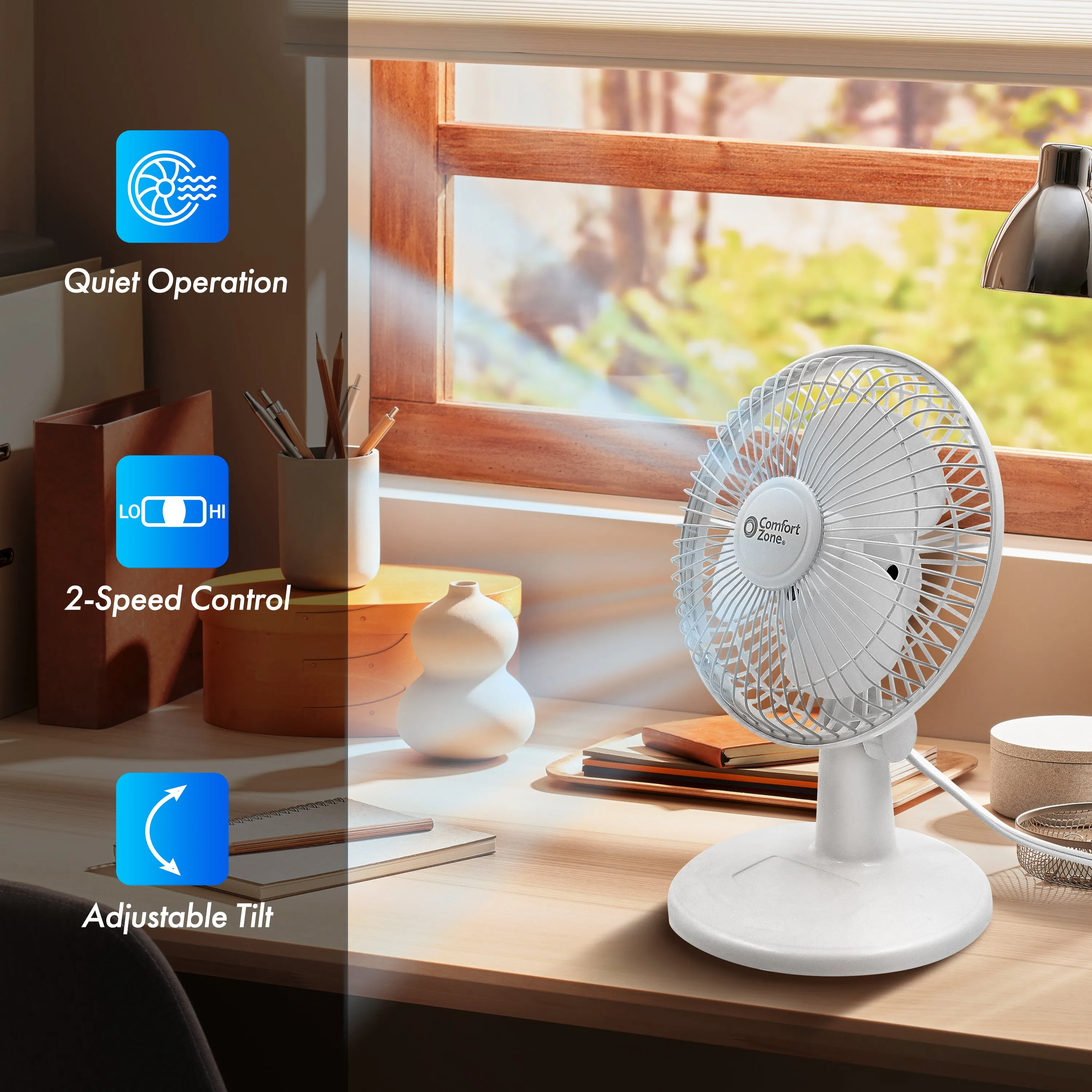 Comfort Zone 6" 2-Speed Desk Fan with Stable Base and Adjustable Tilt in White