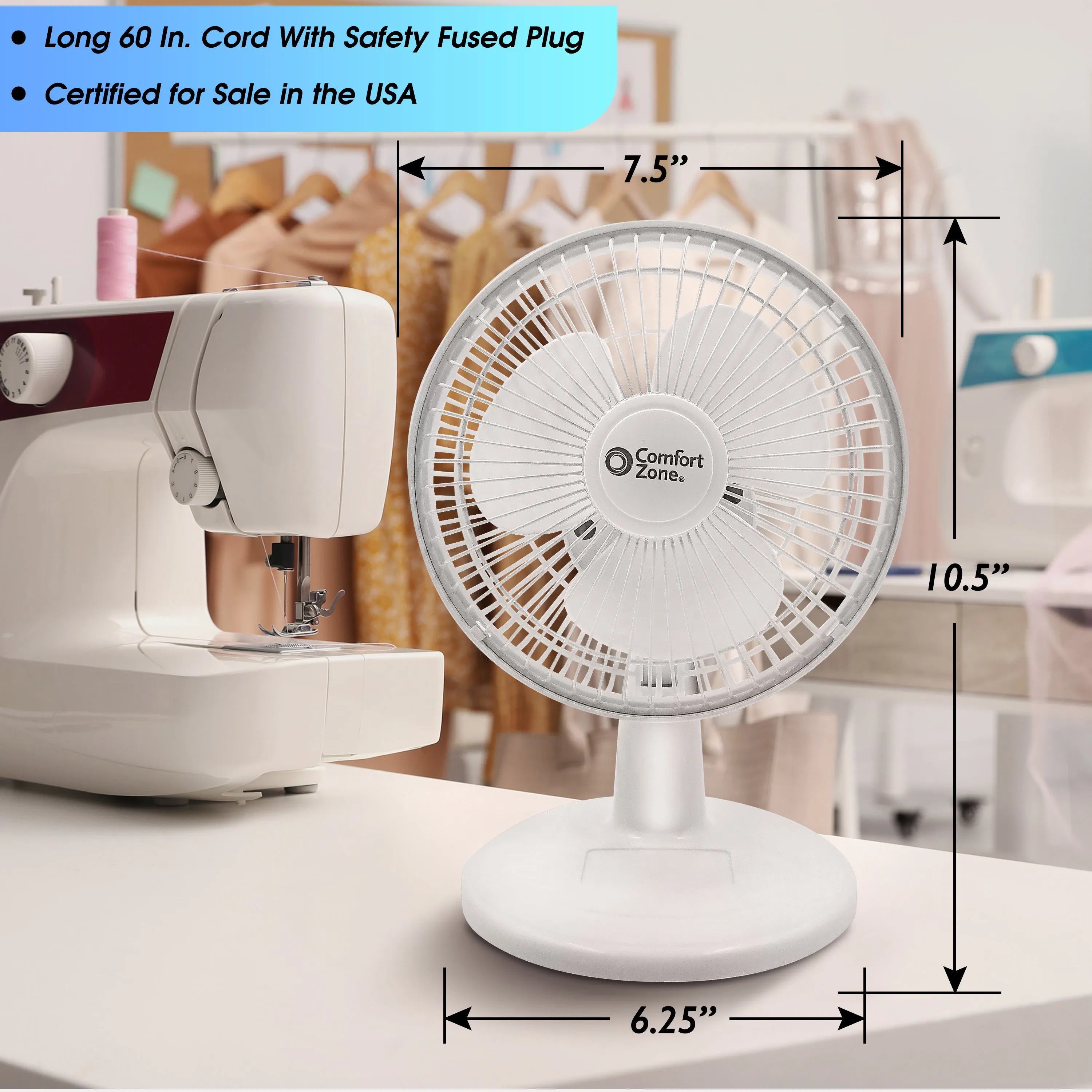 Comfort Zone 6" 2-Speed Desk Fan with Stable Base and Adjustable Tilt in White