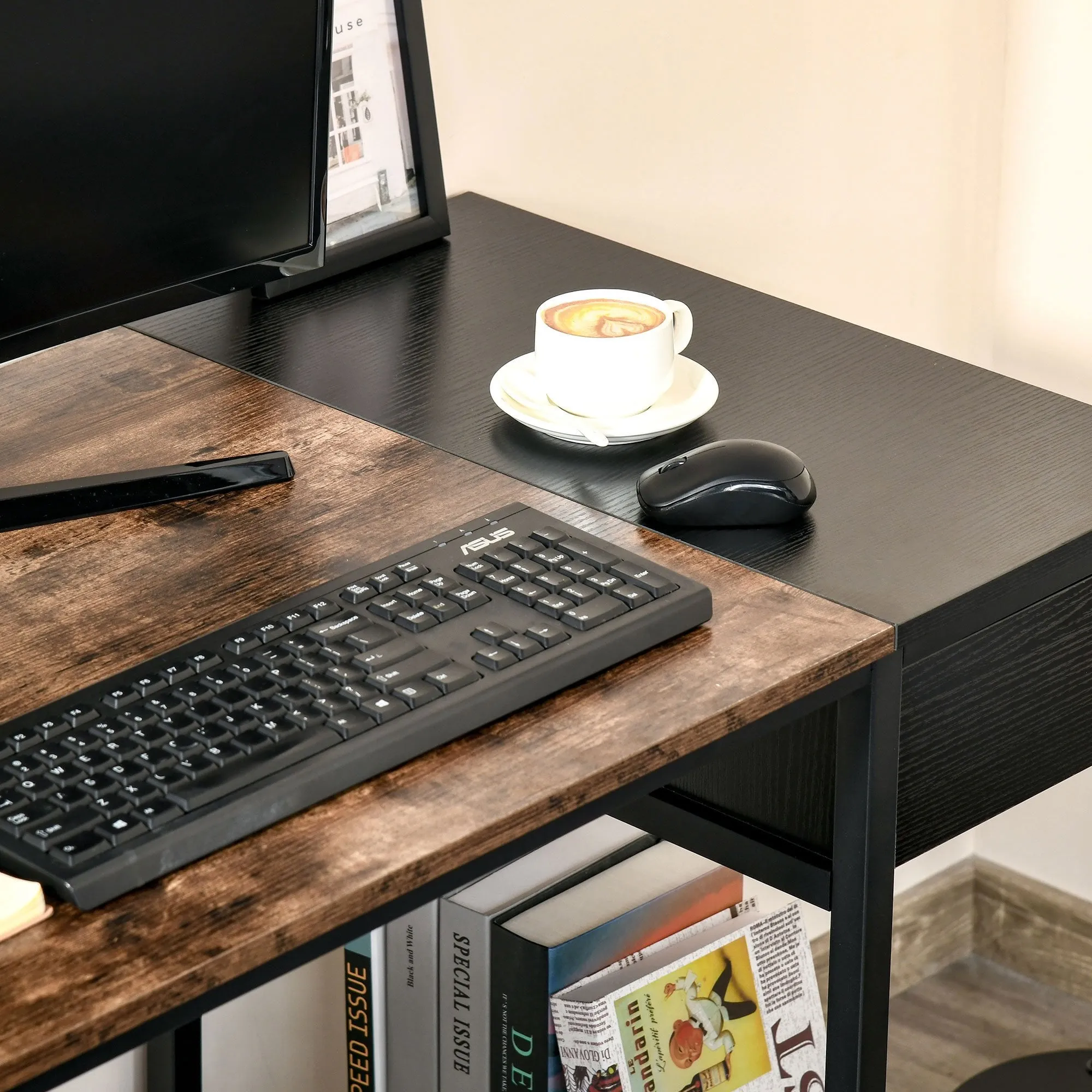 Computer Desk, Home Office Workstation for Study, Writing with CPU Stand and Drawer, Steel Frame, 120x60x75cm w/ Storage Drawer