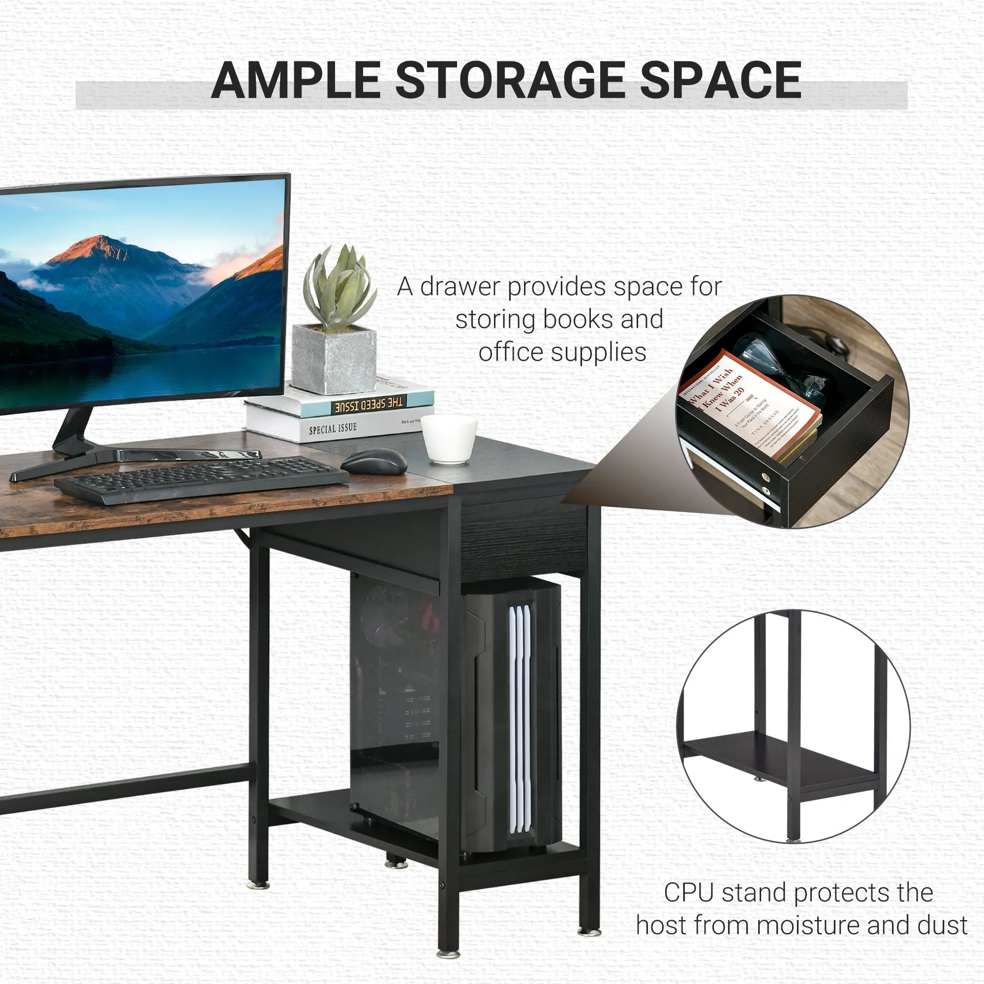 Computer Desk, Home Office Workstation for Study, Writing with CPU Stand and Drawer, Steel Frame, 120x60x75cm w/ Storage Drawer