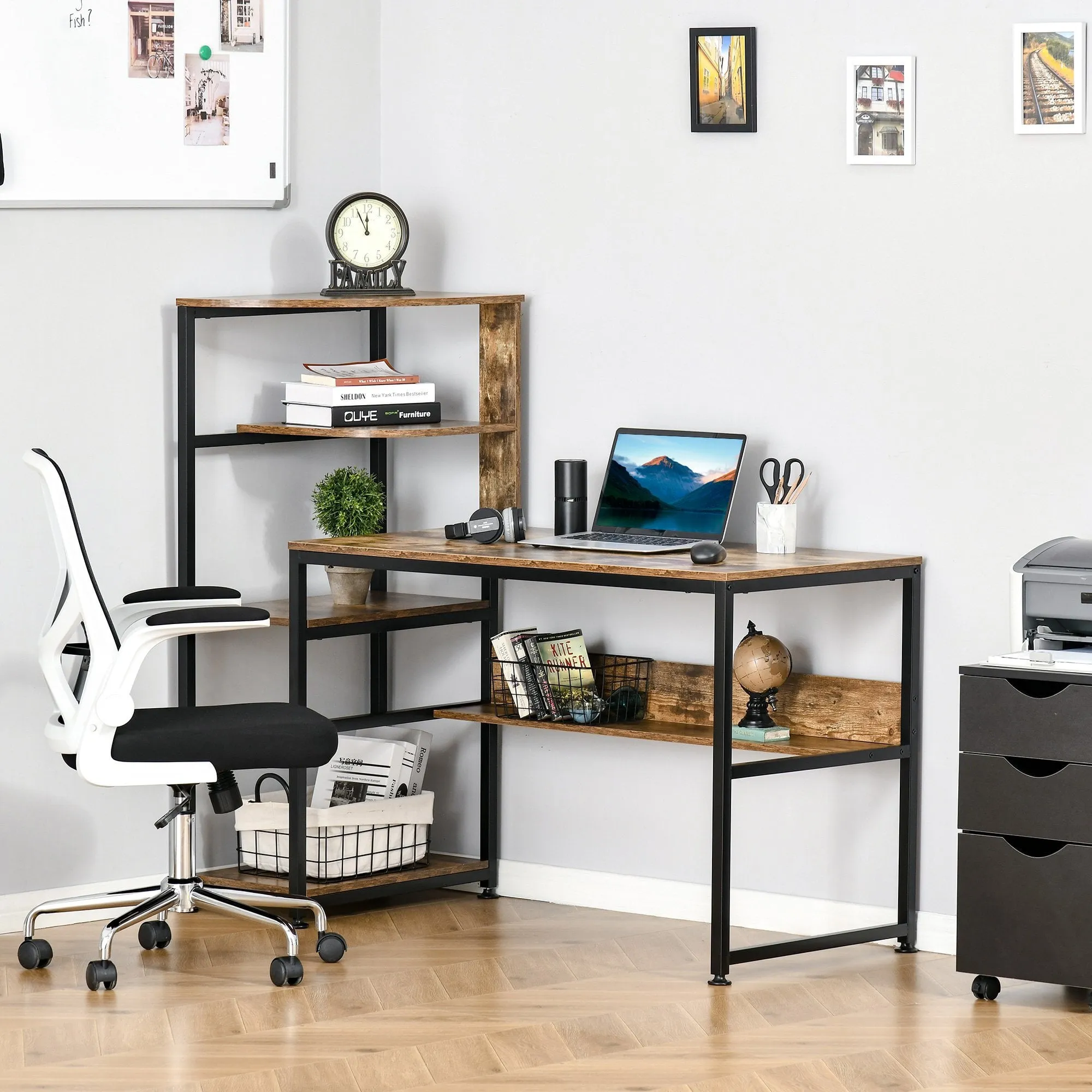 Computer Desk with 4 Storage Shelves Writing Study Desk with Bookshelf for Home Office Sturdy Student Workstation for Small Spaces with Steel Frame w/