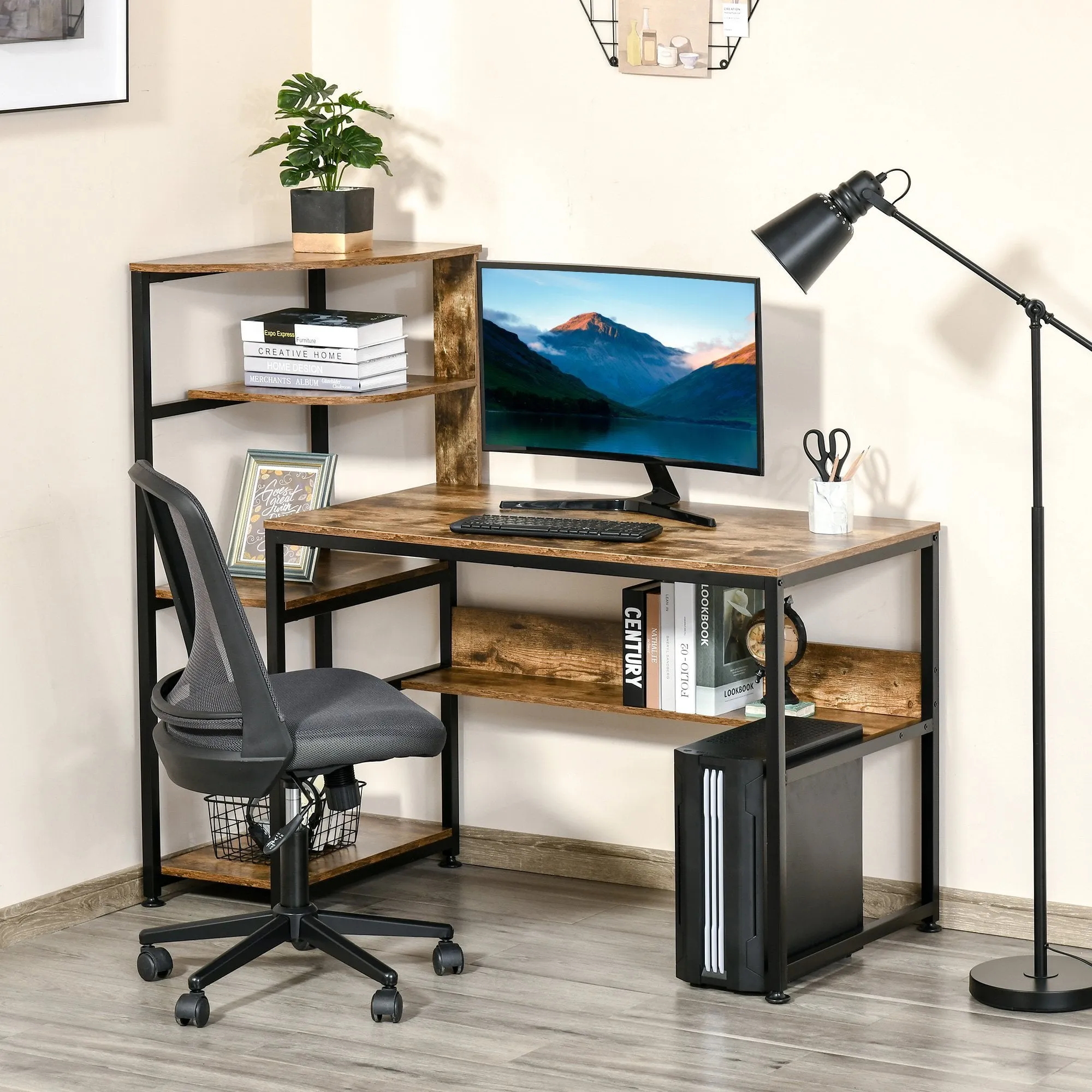 Computer Desk with 4 Storage Shelves Writing Study Desk with Bookshelf for Home Office Sturdy Student Workstation for Small Spaces with Steel Frame w/