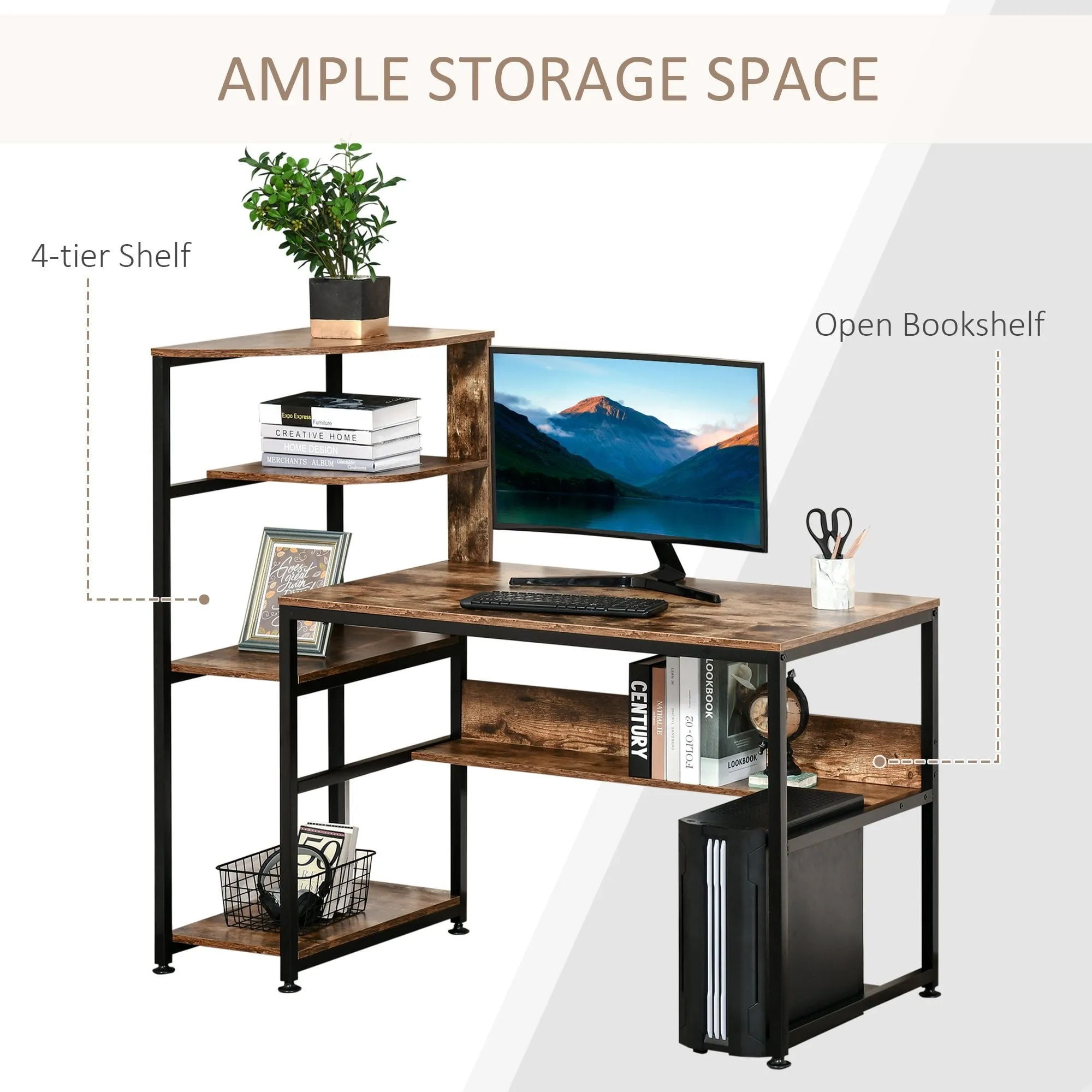 Computer Desk with 4 Storage Shelves Writing Study Desk with Bookshelf for Home Office Sturdy Student Workstation for Small Spaces with Steel Frame w/