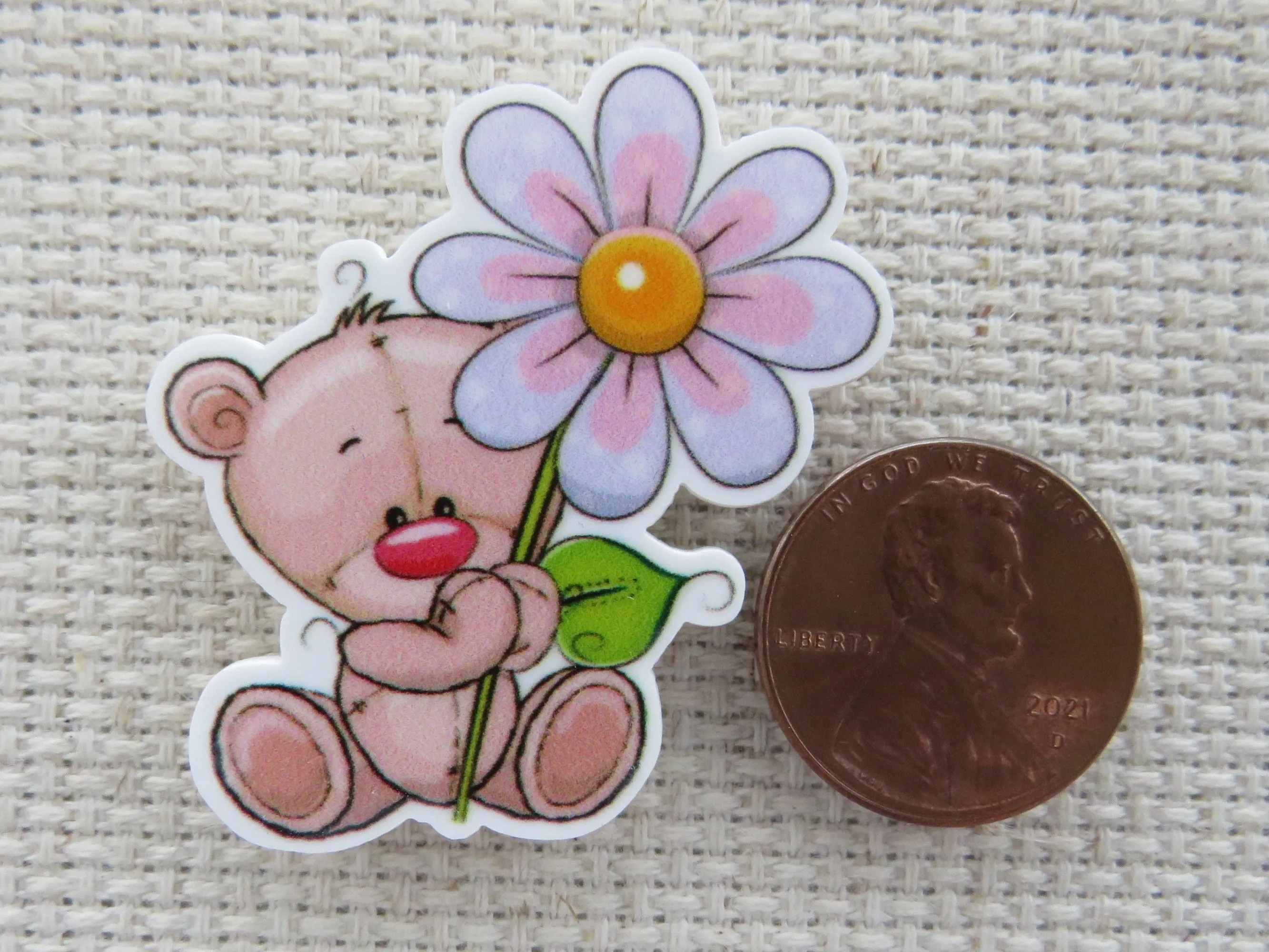 Cute Bear with a Pink Flower Needle Minder, Cover Minder, Magnet