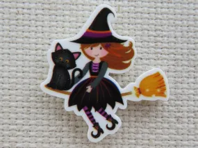 Cute Young Witch Riding on a Broom with a Black Cat Needle Minder, Cover Minder, Magnet