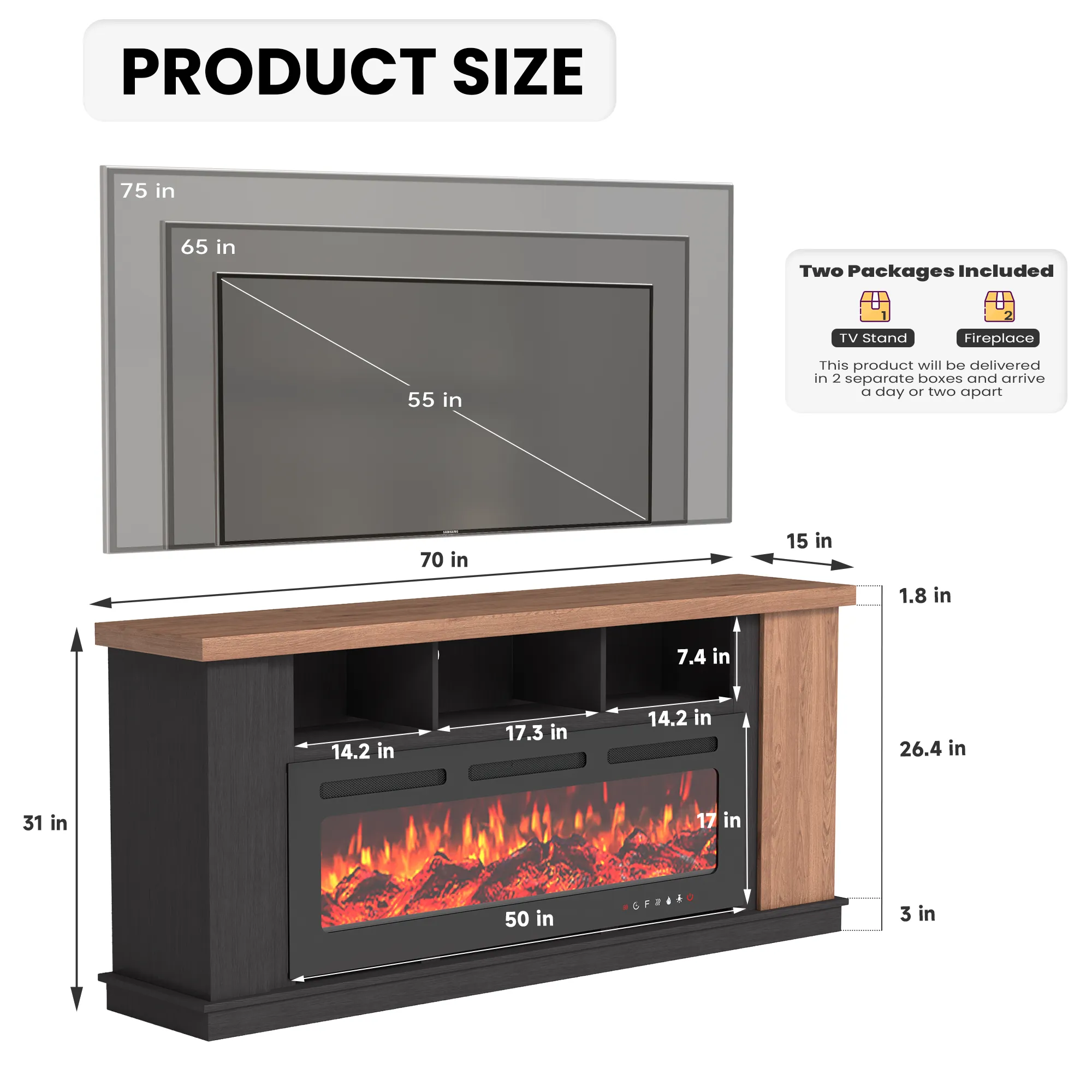 EROMMY Traditional 70" Country TV Stand with 50" Electric Fireplace Heater, Open Storage Shelves and Cabinets, Oak