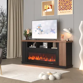 EROMMY Traditional 70" Country TV Stand with 50" Electric Fireplace Heater, Open Storage Shelves and Cabinets, Oak