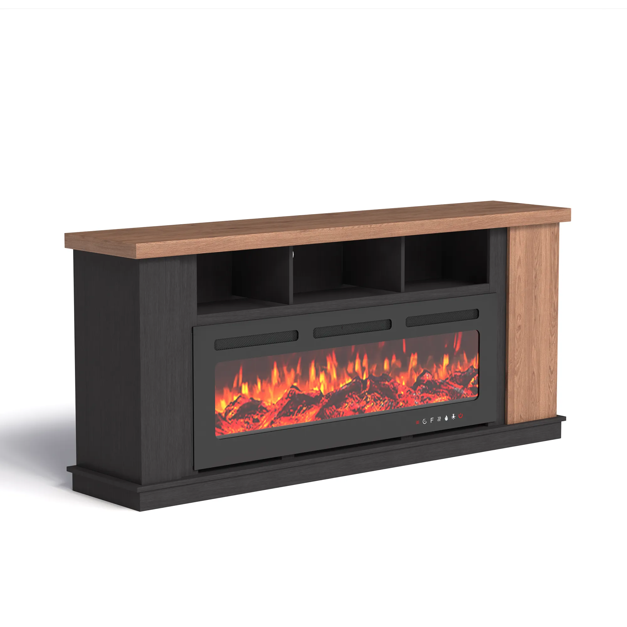EROMMY Traditional 70" Country TV Stand with 50" Electric Fireplace Heater, Open Storage Shelves and Cabinets, Oak