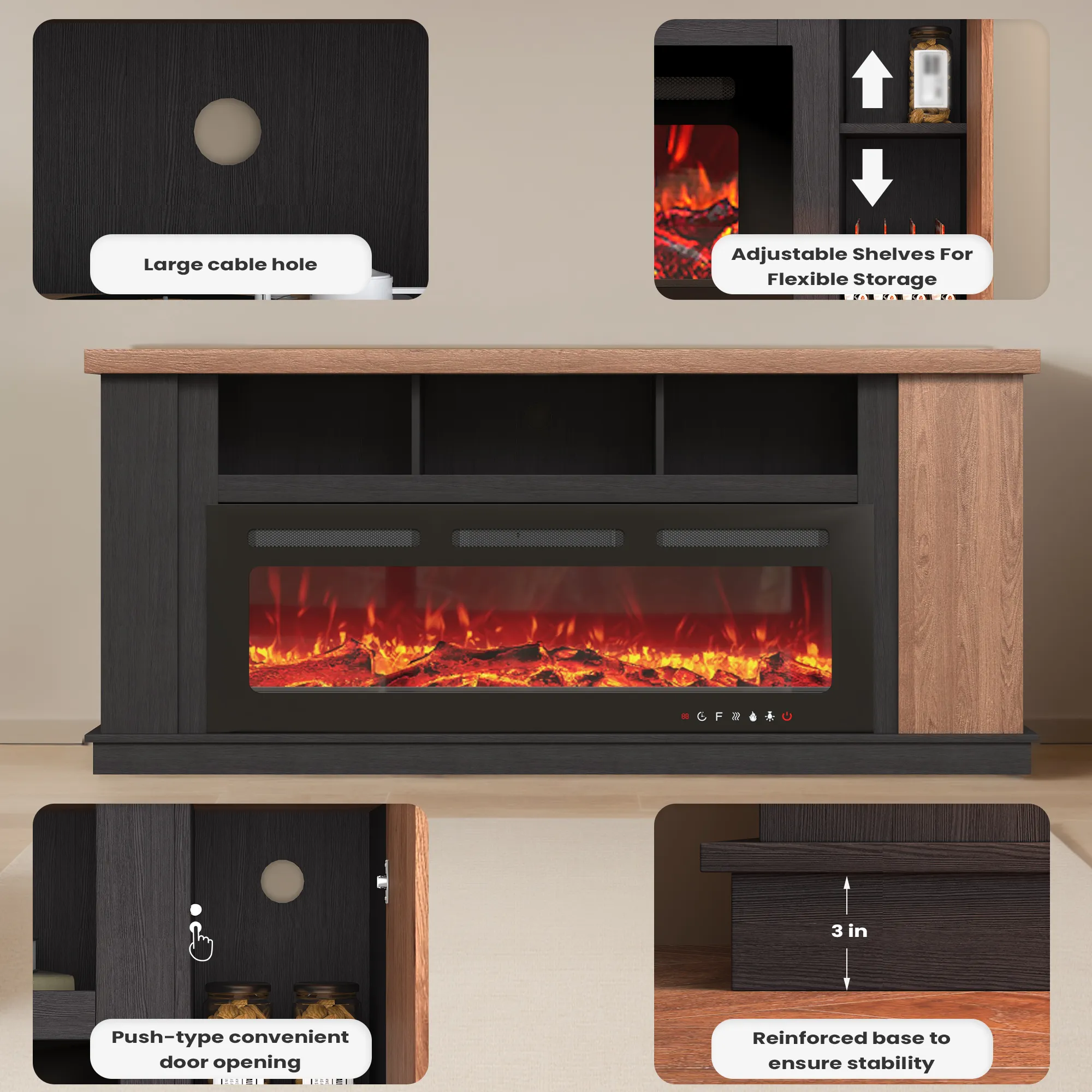 EROMMY Traditional 70" Country TV Stand with 50" Electric Fireplace Heater, Open Storage Shelves and Cabinets, Oak