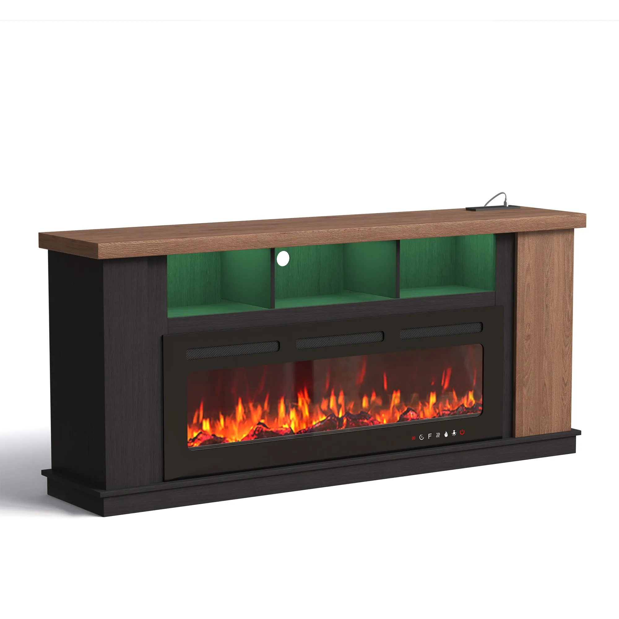 EROMMY Traditional 70" Country TV Stand with 50" Electric Fireplace Heater, TV Stand with Light Strips and Sockets, Oak