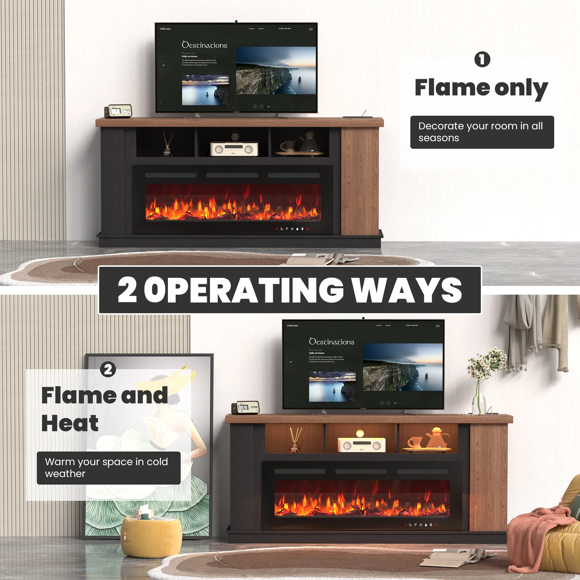 EROMMY Traditional 70" Country TV Stand with 50" Electric Fireplace Heater, TV Stand with Light Strips and Sockets, Oak