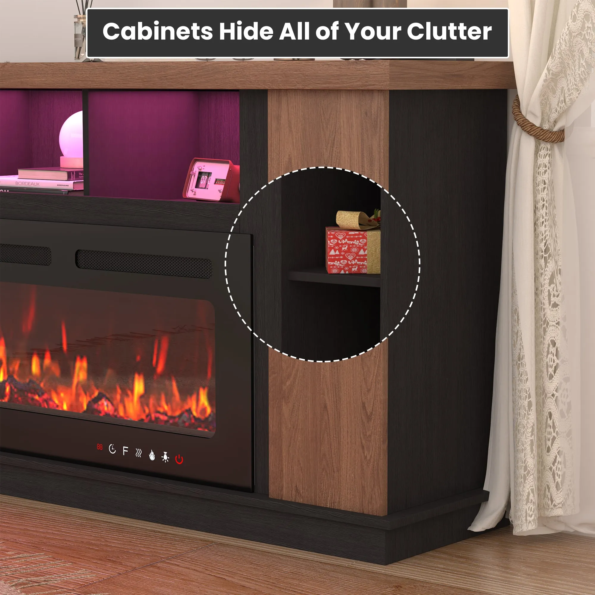 EROMMY Traditional 70" Country TV Stand with 50" Electric Fireplace Heater, TV Stand with Light Strips and Sockets, Oak