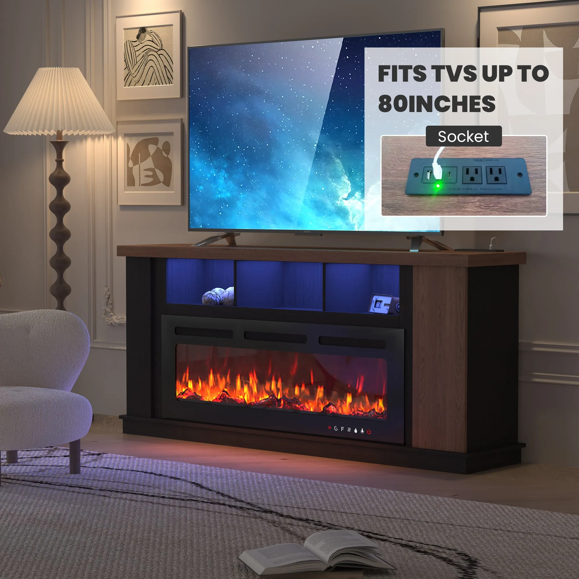 EROMMY Traditional 70" Country TV Stand with 50" Electric Fireplace Heater, TV Stand with Light Strips and Sockets, Oak