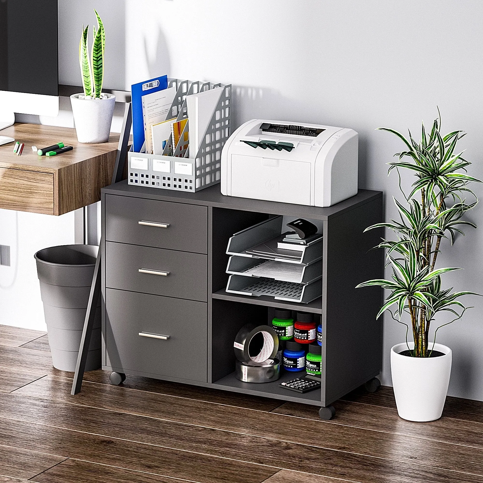 Freestanding Printer Stand Unit Office Desk Side Mobile Storage w/ Wheels 3 Drawers, 2 Open Shelves Modern Style 80L x 40W x 65H cm - Grey Cabinet Drawers 4 Home