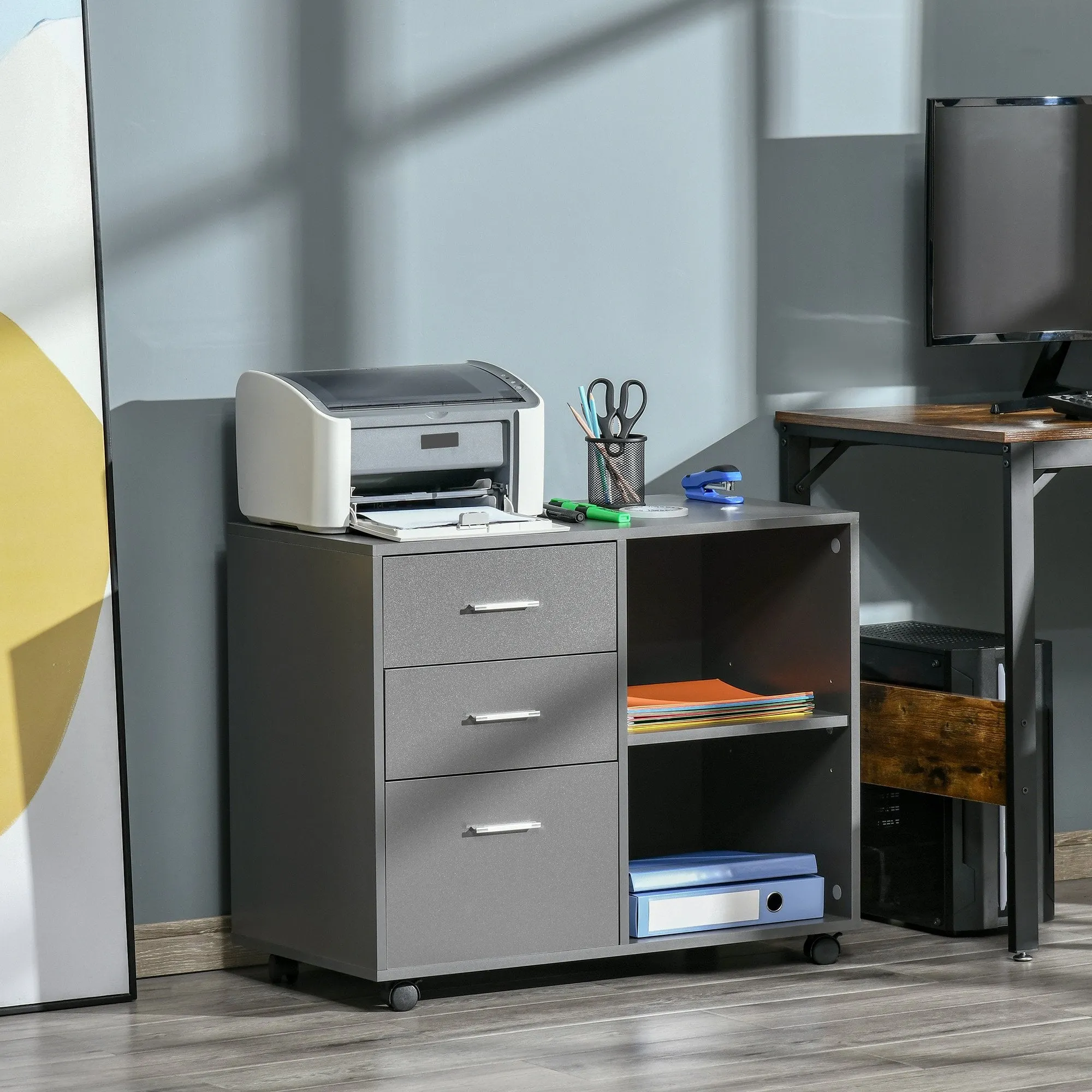 Freestanding Printer Stand Unit Office Desk Side Mobile Storage w/ Wheels 3 Drawers, 2 Open Shelves Modern Style 80L x 40W x 65H cm - Grey Cabinet Drawers 4 Home