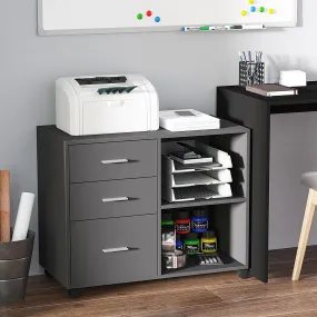 Freestanding Printer Stand Unit Office Desk Side Mobile Storage w/ Wheels 3 Drawers, 2 Open Shelves Modern Style 80L x 40W x 65H cm - Grey Cabinet Drawers 4 Home