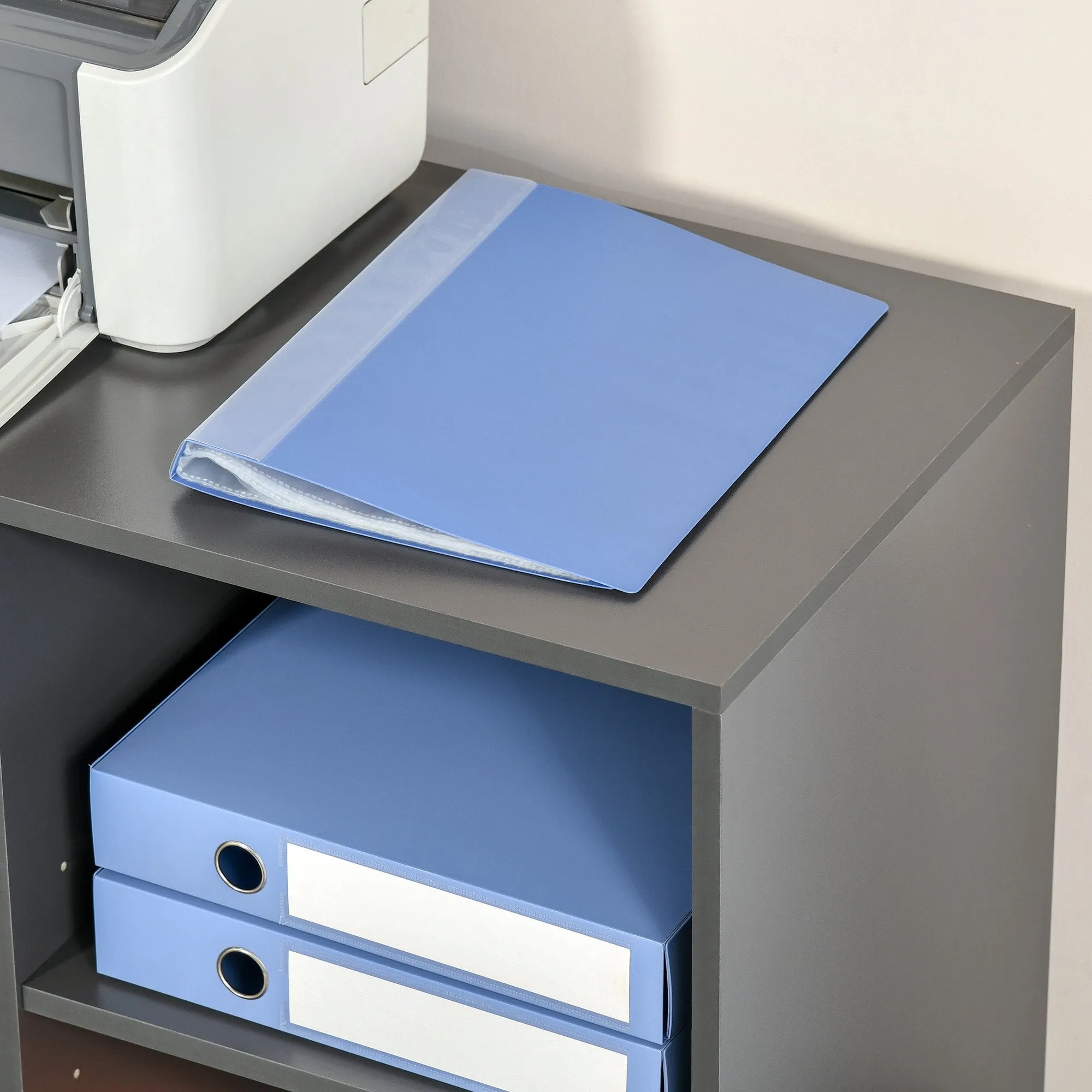 Freestanding Printer Stand Unit Office Desk Side Mobile Storage w/ Wheels 3 Drawers, 2 Open Shelves Modern Style 80L x 40W x 65H cm - Grey Cabinet Drawers 4 Home