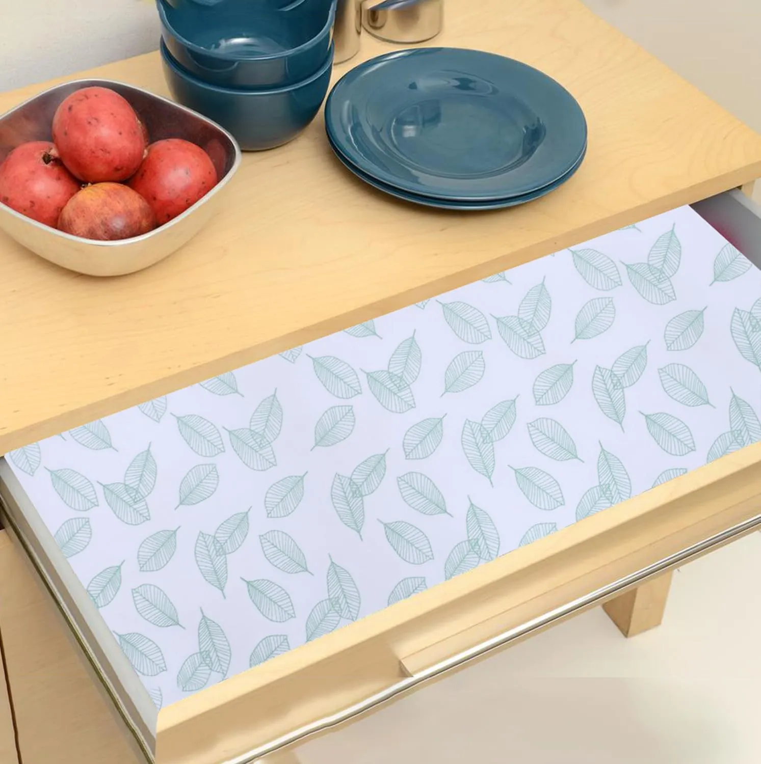Heart Home Shelf Liner | EVA Kitchen Cabinet Shelf Mat | Anti-Slip Bathroom Mat | Fridge Mat | Table Mat | Green Leaf Print Wardrobe Mat | 5 Meter | White