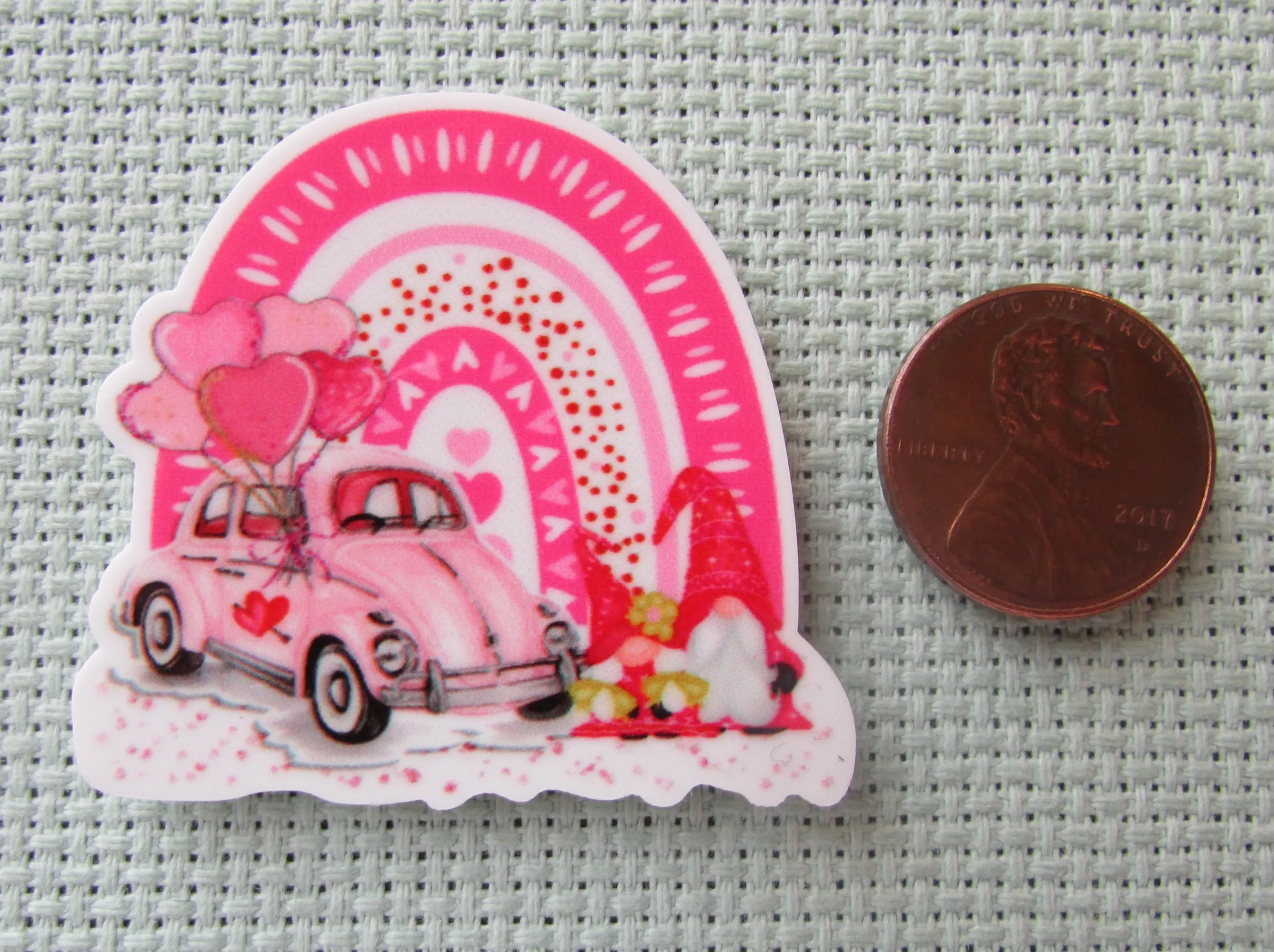 Heartful Pink Rainbow Gnomes with a Bug Car Needle Minder, Cover Minder, Magnet