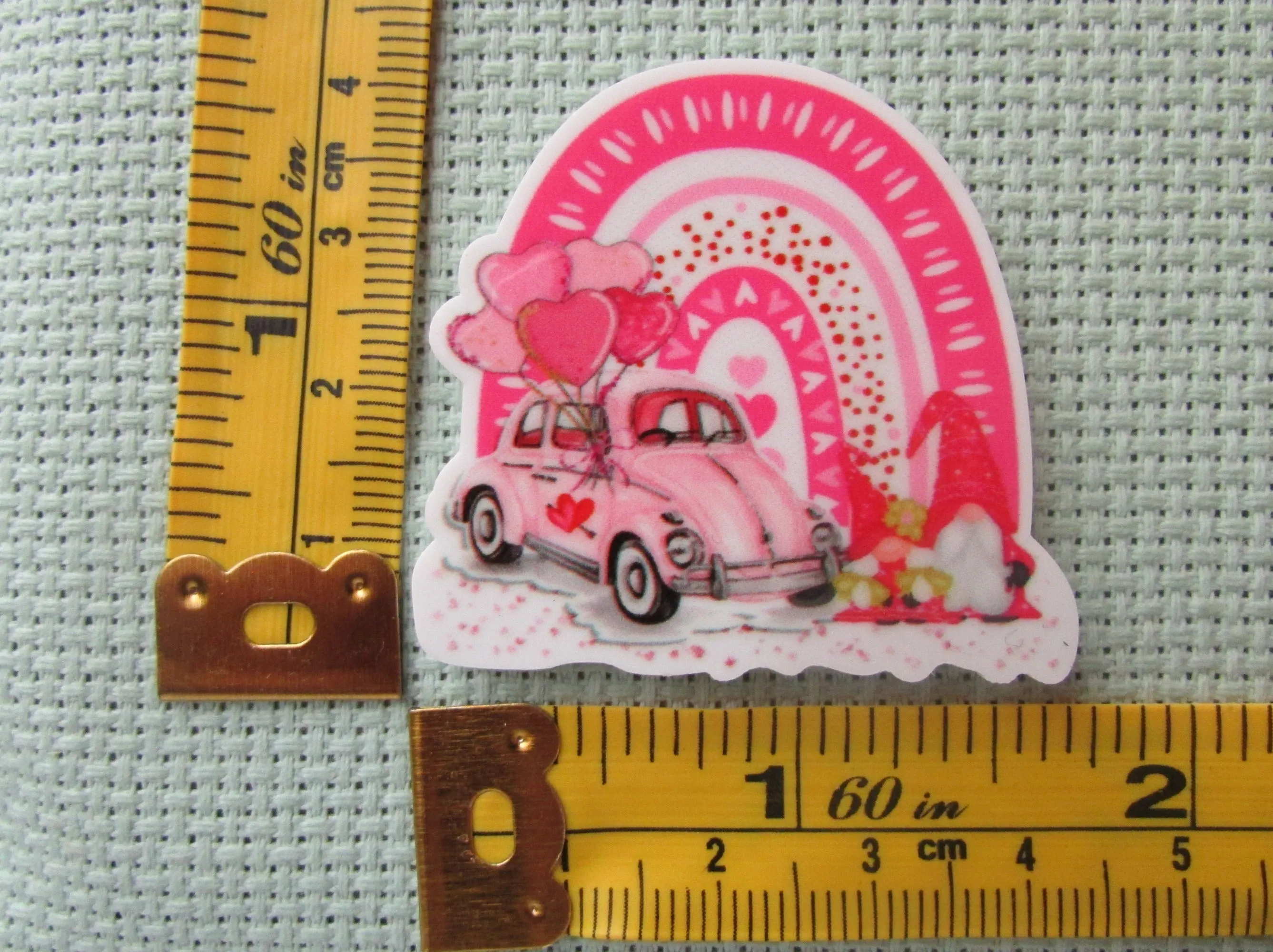 Heartful Pink Rainbow Gnomes with a Bug Car Needle Minder, Cover Minder, Magnet