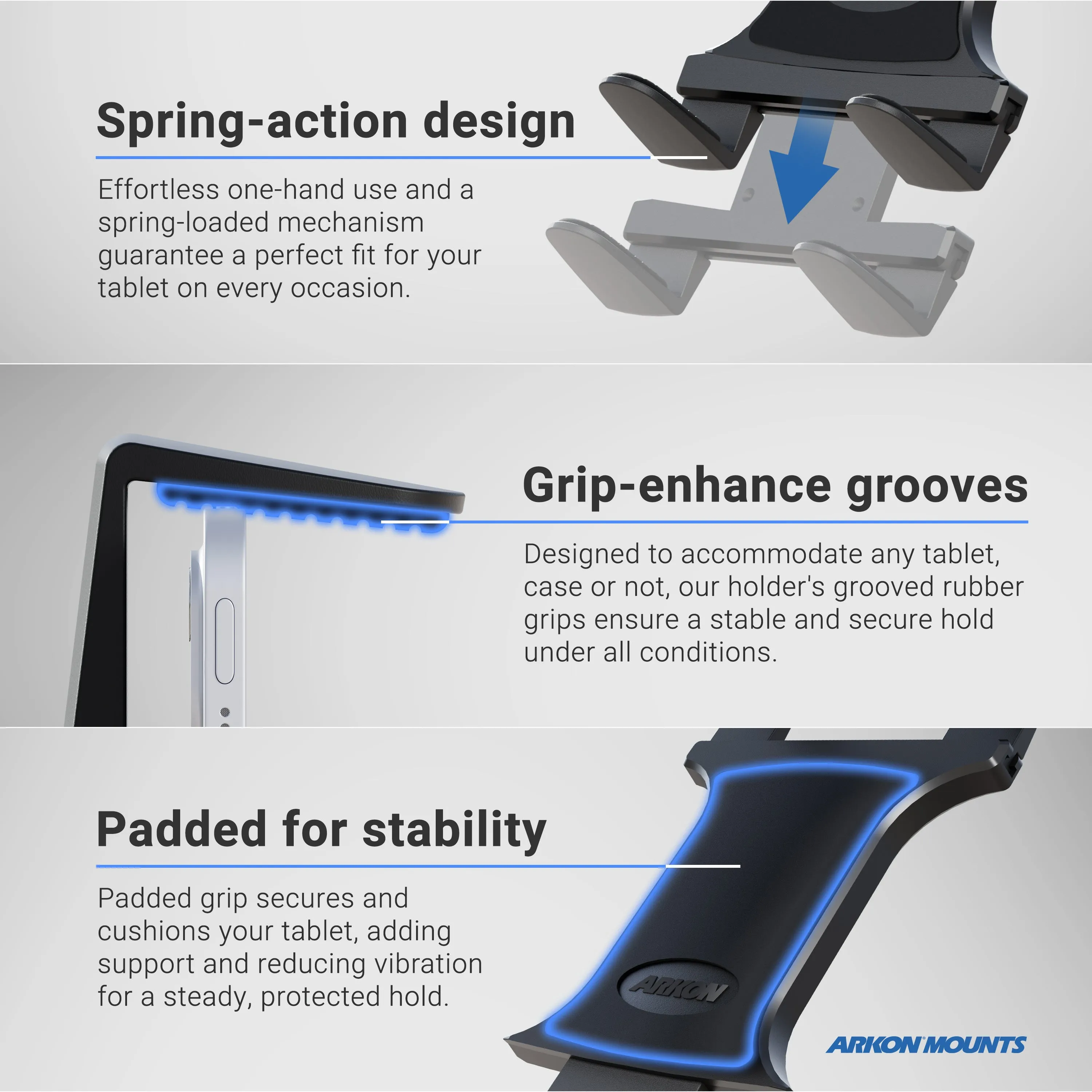 Heavy-Duty Slim-Grip® Tablet Headrest Mount with Multi-Angle 8" Arm for iPad, Note, and more