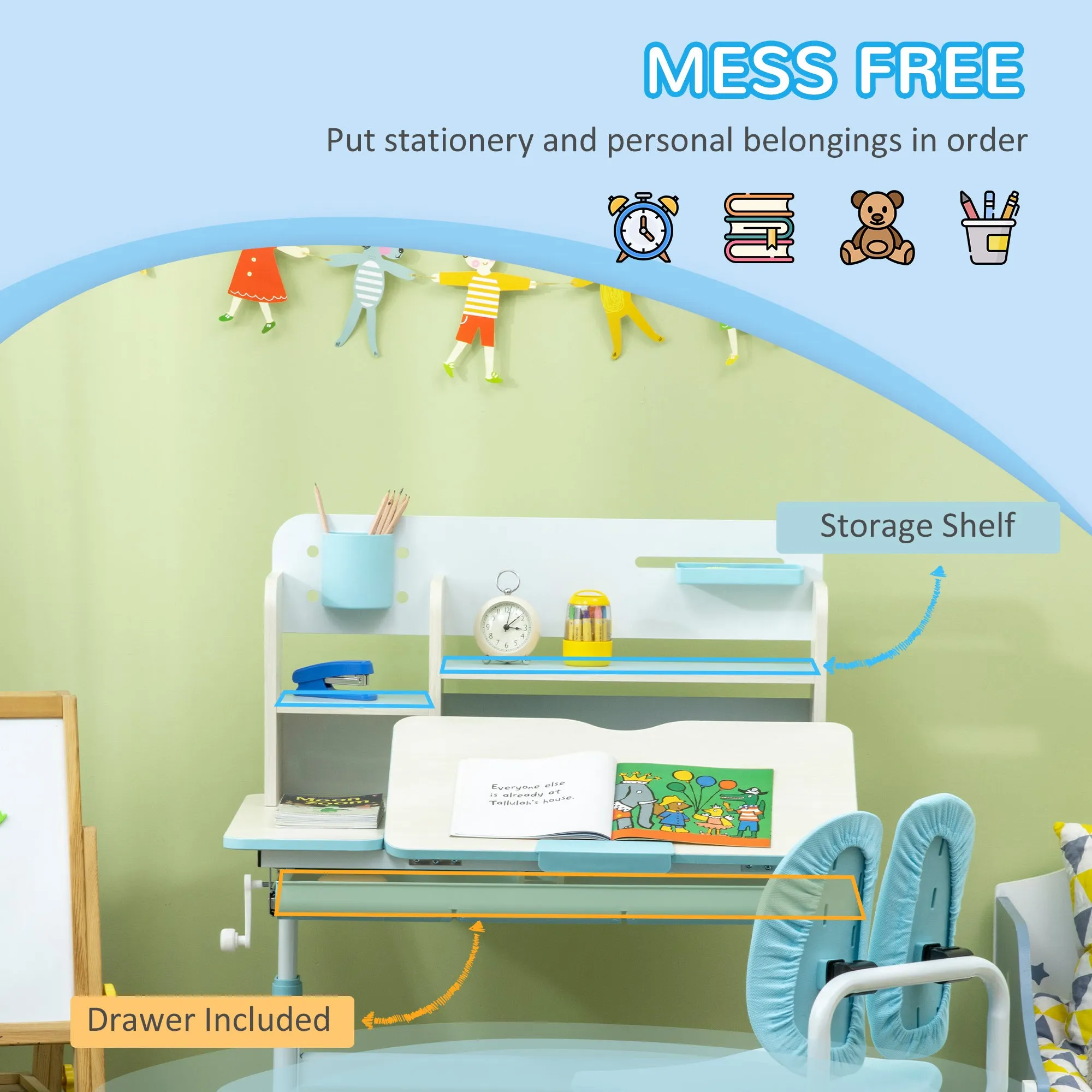 HOMCOM Kids Desk and Chair Set with Storage Shelves, Washable Cover - Blue