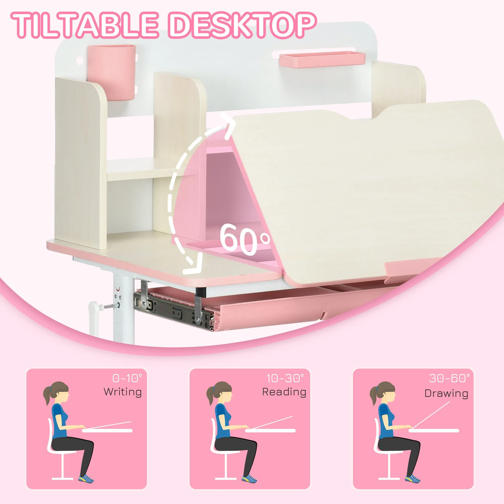 HOMCOM Kids Desk and Chair Set with Storage Shelves, Washable Cover - Pink