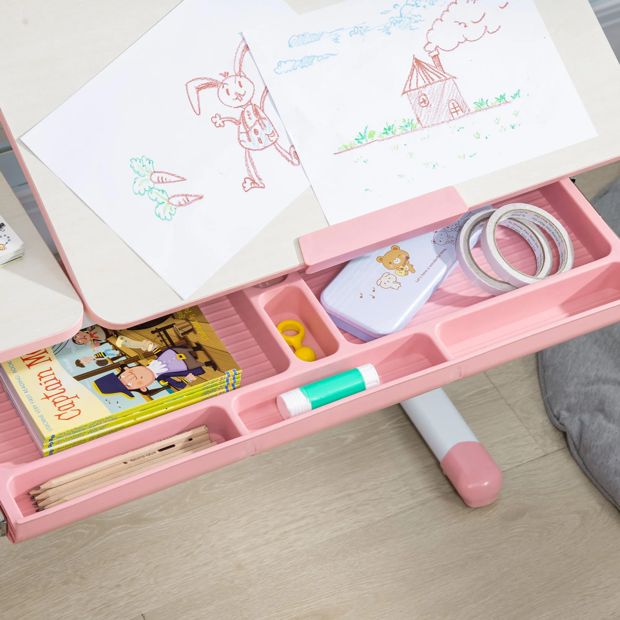 HOMCOM Kids Desk and Chair Set with Storage Shelves, Washable Cover - Pink