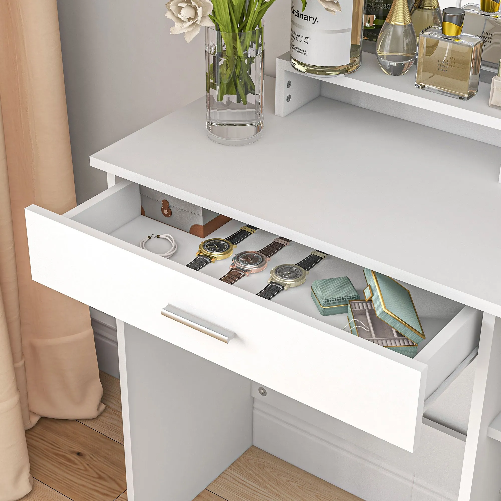 HOMCOM Vanity Table, Makeup Table with Mirror and Storage, White