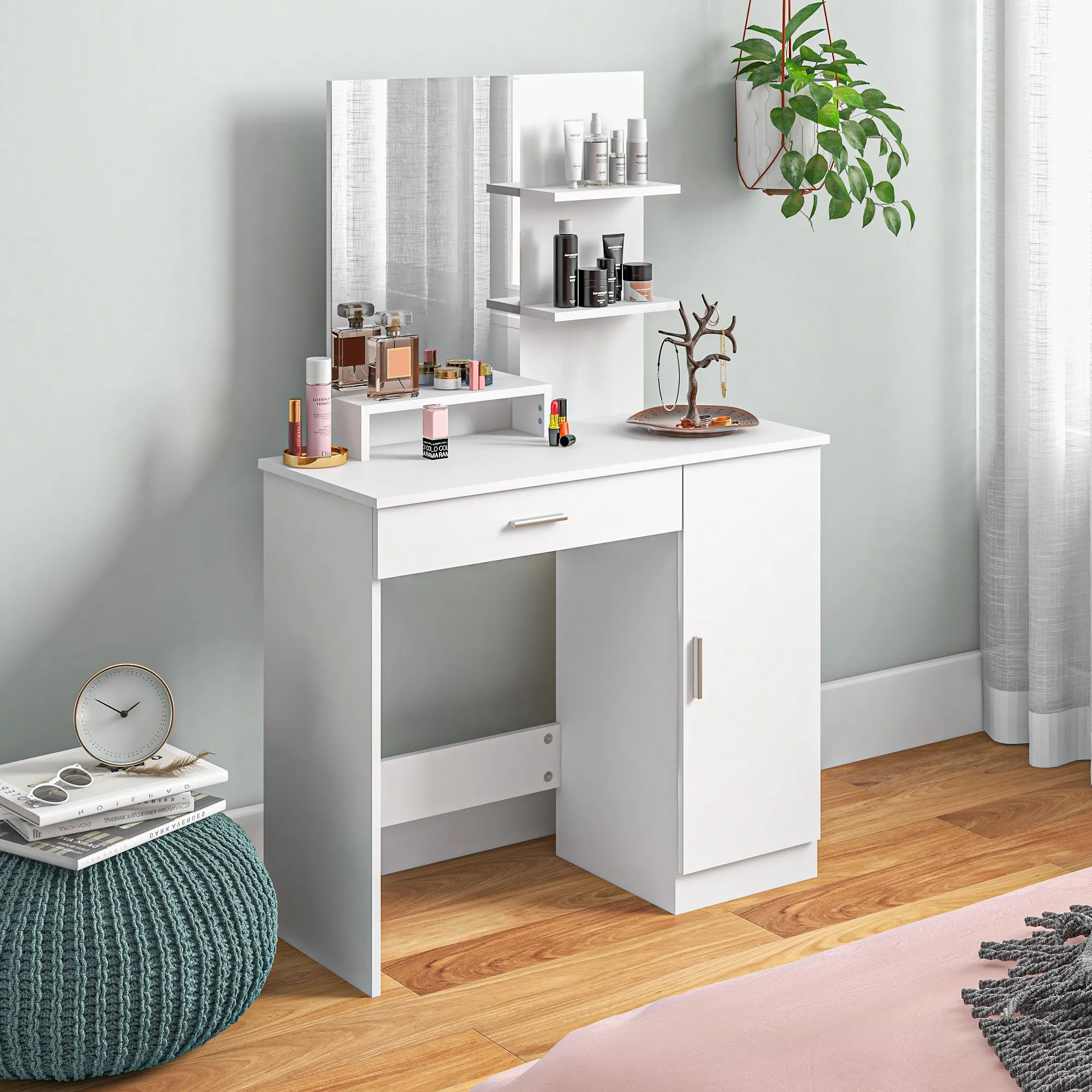 HOMCOM Vanity Table, Makeup Table with Mirror and Storage, White