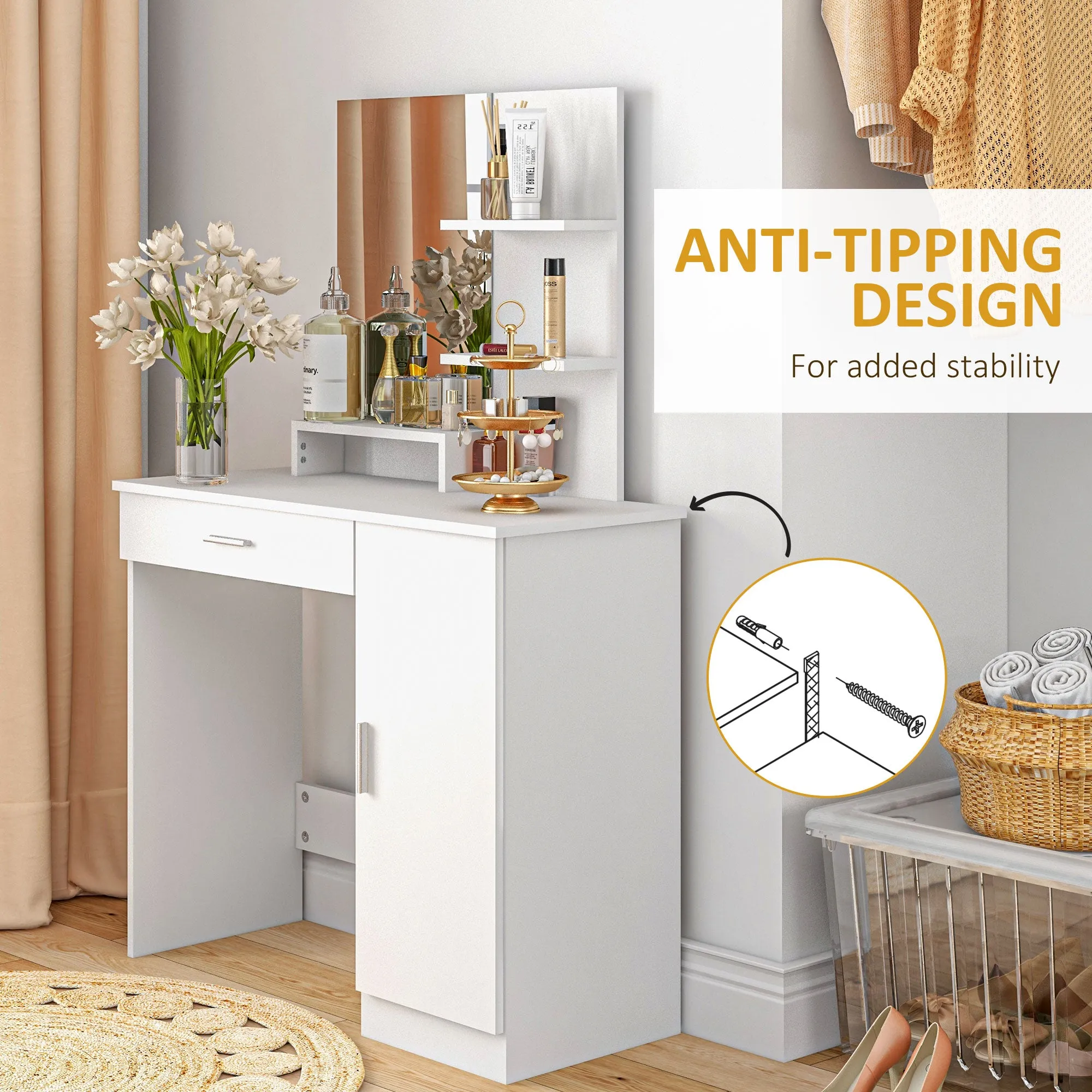 HOMCOM Vanity Table, Makeup Table with Mirror and Storage, White